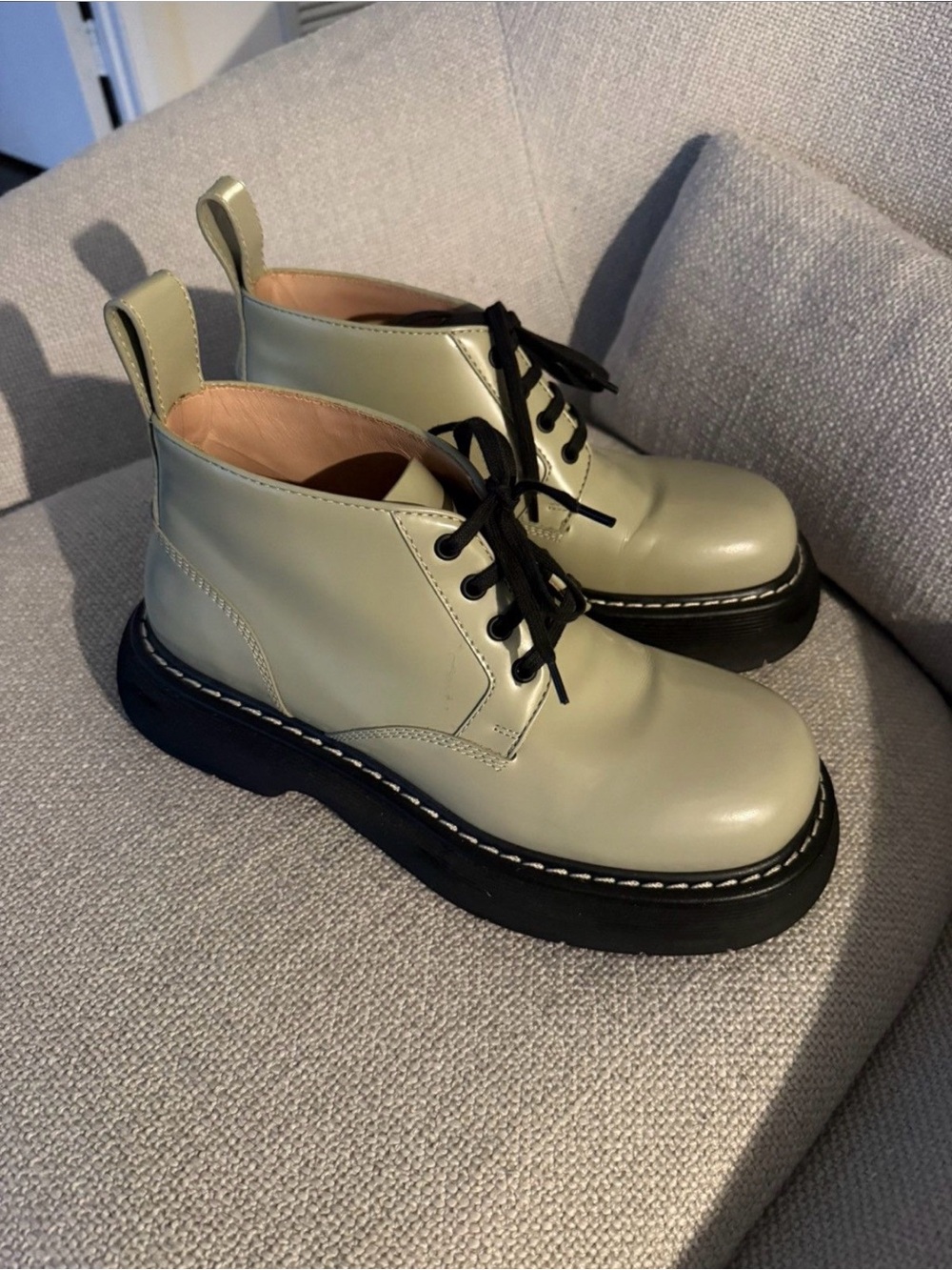 Bottega Veneta Light Olive Lace-Up Platform Ankle Boots